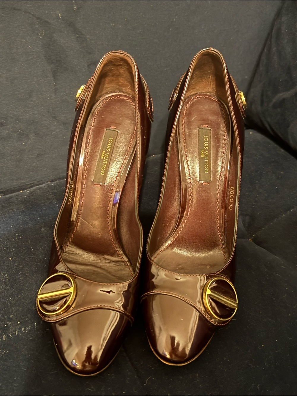 Louis Vuitton Brown Patent Leather Heeled Pumps with Gold Buckle